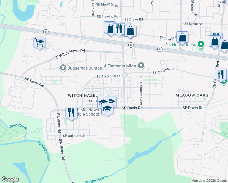map of restaurants, bars, coffee shops, grocery stores, and more near 3472 Southeast Northwood Way in Hillsboro