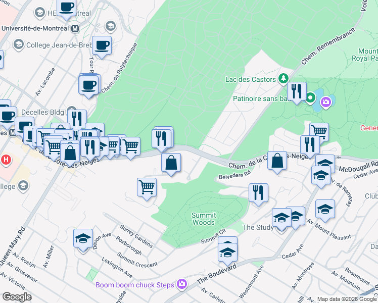 map of restaurants, bars, coffee shops, grocery stores, and more near Chemin de la Côte-des-Neiges in Montréal