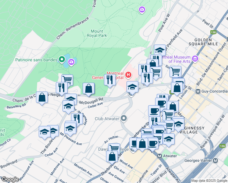 map of restaurants, bars, coffee shops, grocery stores, and more near 1750 Avenue Cedar in Montréal