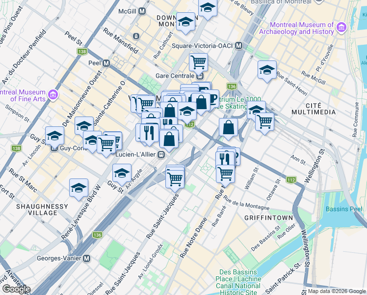 map of restaurants, bars, coffee shops, grocery stores, and more near in Montreal