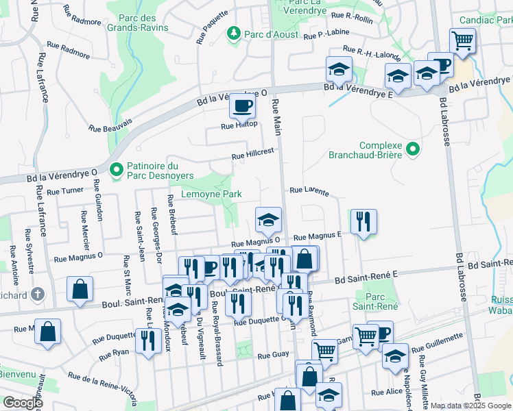 map of restaurants, bars, coffee shops, grocery stores, and more near 495 Rue Craik in Gatineau