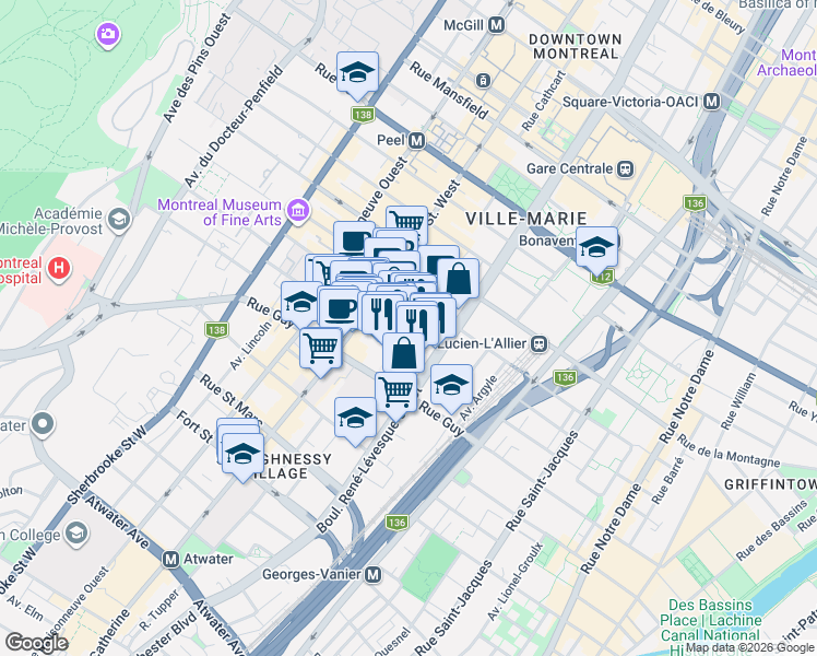 map of restaurants, bars, coffee shops, grocery stores, and more near 1230 Rue Bishop in Montréal