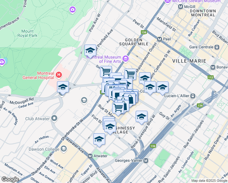 map of restaurants, bars, coffee shops, grocery stores, and more near 1625 Avenue Lincoln in Montréal