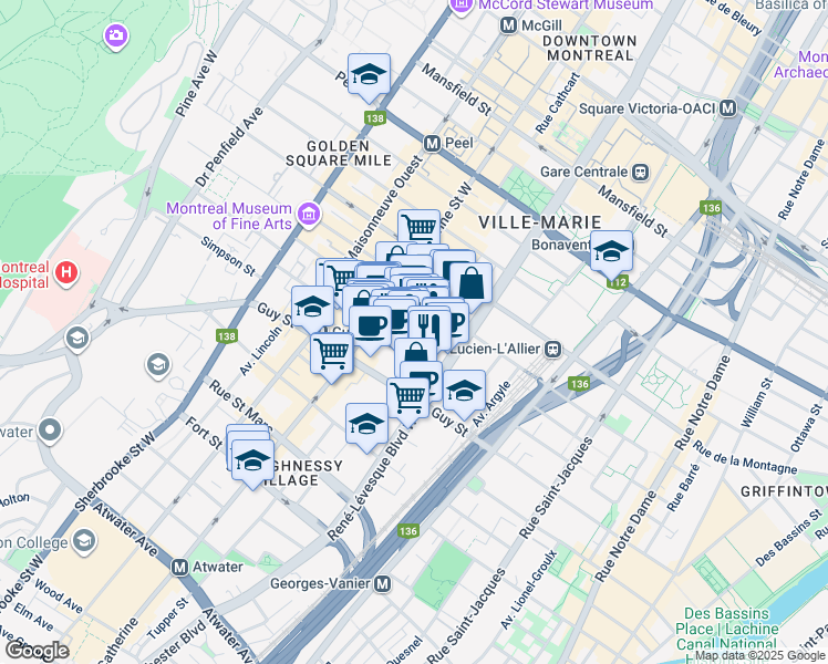 map of restaurants, bars, coffee shops, grocery stores, and more near 1212 Rue Bishop in Montrã©Al