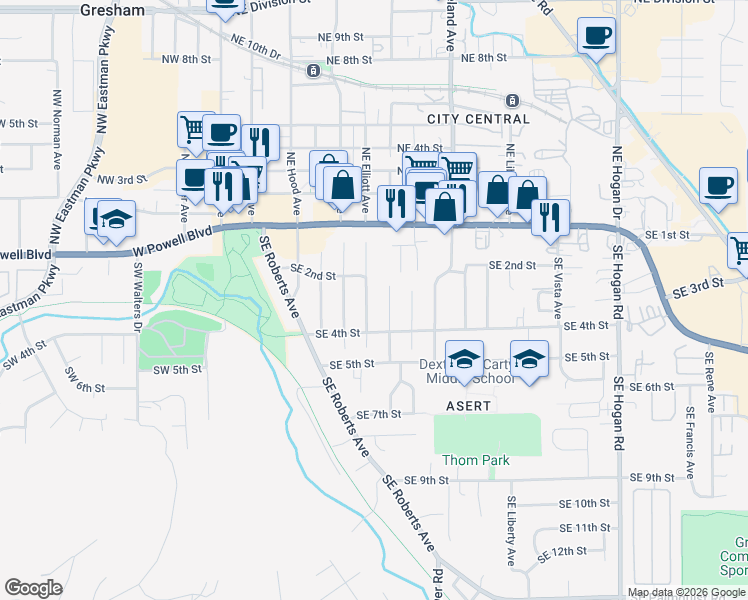 map of restaurants, bars, coffee shops, grocery stores, and more near 205 Southeast Linden Court in Gresham