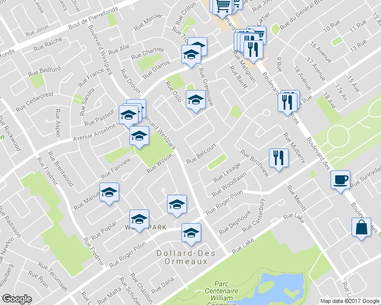 map of restaurants, bars, coffee shops, grocery stores, and more near 66 Rue Avondale in Dollard-des-Ormeaux