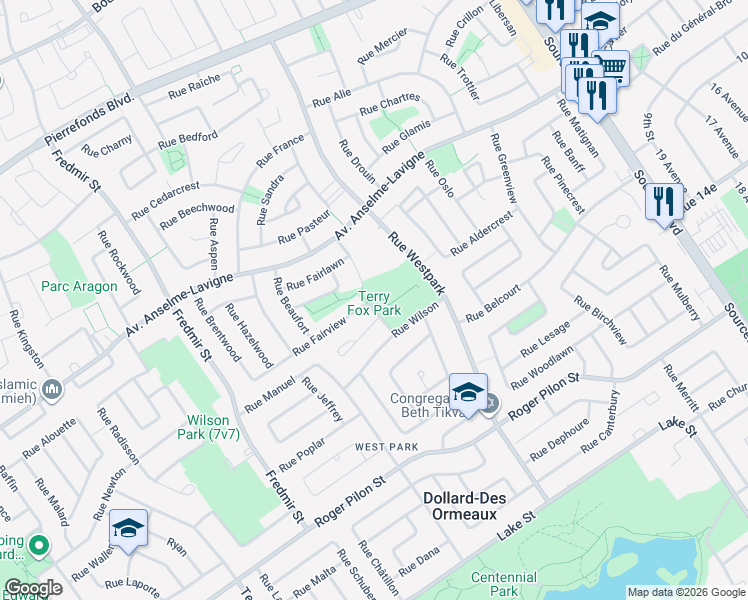 map of restaurants, bars, coffee shops, grocery stores, and more near 100 Rue Fairview in Dollard-des-Ormeaux