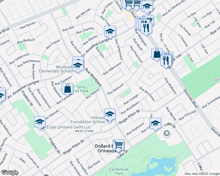 map of restaurants, bars, coffee shops, grocery stores, and more near 66 Rue Avondale in Dollard-des-Ormeaux