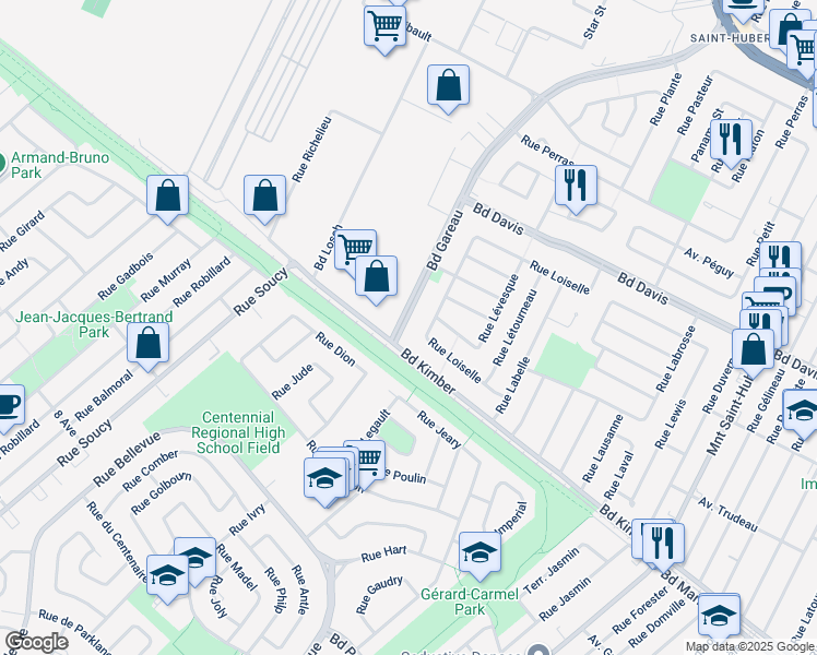 map of restaurants, bars, coffee shops, grocery stores, and more near 3953 Boulevard Gareau in Longueuil