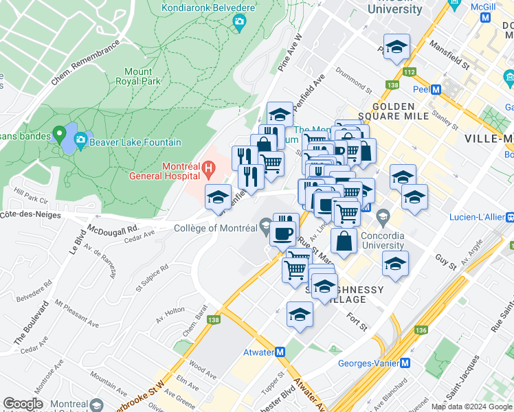 map of restaurants, bars, coffee shops, grocery stores, and more near 1632 Avenue de Seaforth in Montrã©Al