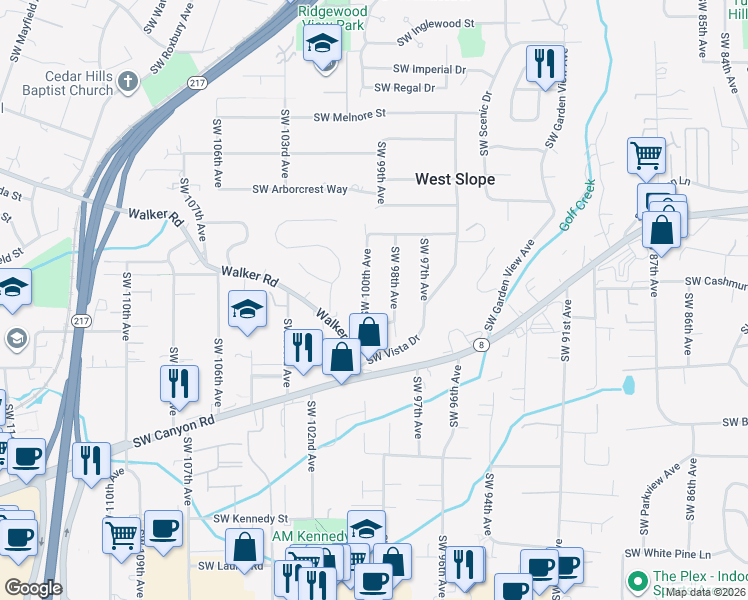 map of restaurants, bars, coffee shops, grocery stores, and more near 3360 Southwest 100th Avenue in Portland