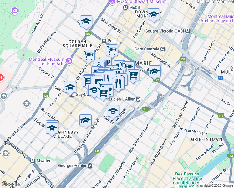 map of restaurants, bars, coffee shops, grocery stores, and more near 1368 Boulevard René-Lévesque Ouest in Montréal