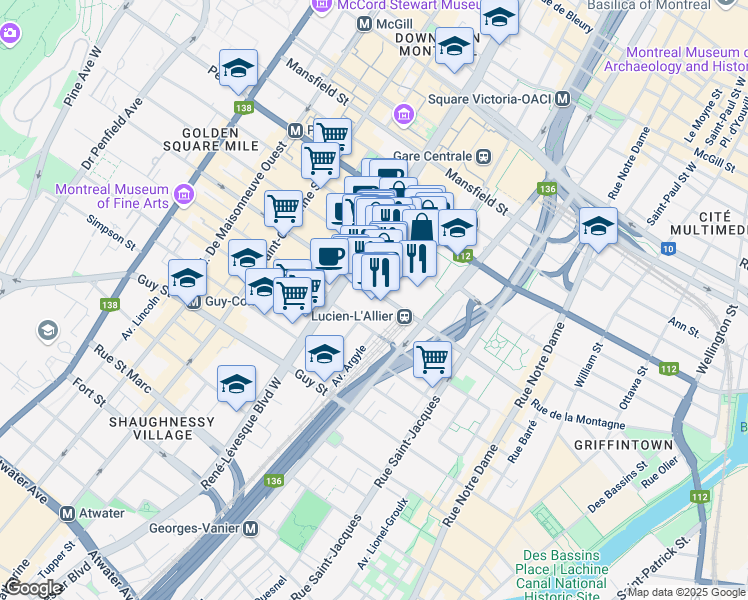 map of restaurants, bars, coffee shops, grocery stores, and more near 1080 Rue Drummond in Montréal