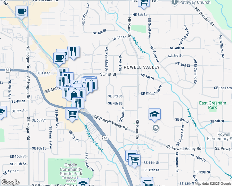 map of restaurants, bars, coffee shops, grocery stores, and more near 3111 Southeast 2nd Street in Gresham