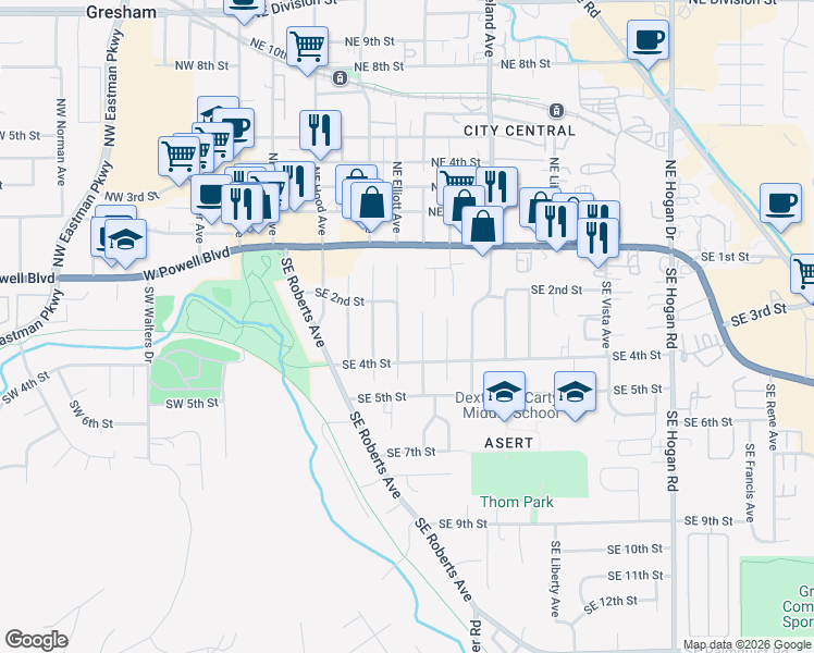 map of restaurants, bars, coffee shops, grocery stores, and more near 205 Southeast Linden Court in Gresham