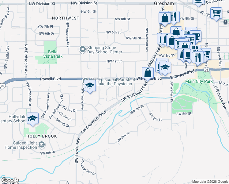 map of restaurants, bars, coffee shops, grocery stores, and more near 200 Southwest Florence Avenue in Gresham