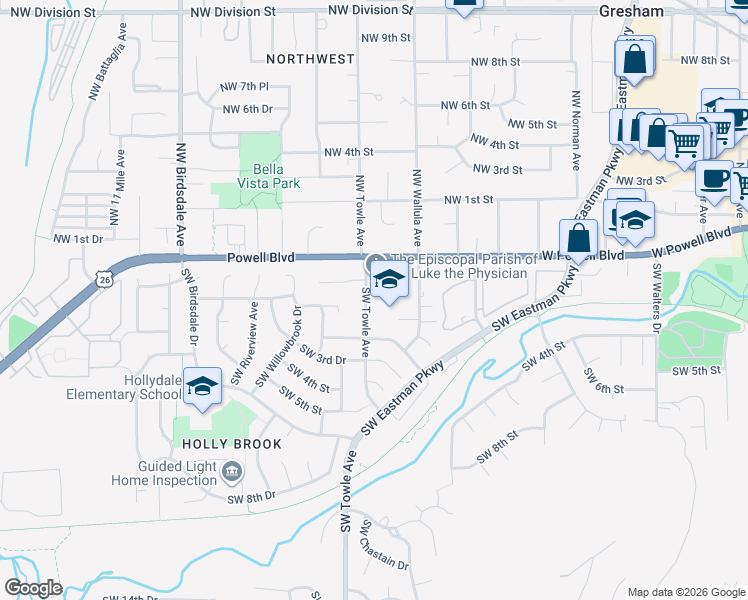 map of restaurants, bars, coffee shops, grocery stores, and more near 120 Southwest Towle Avenue in Gresham
