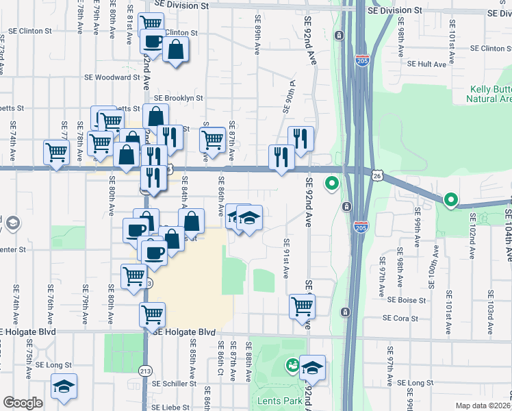 map of restaurants, bars, coffee shops, grocery stores, and more near 8728 Southeast Lafayette Street in Portland