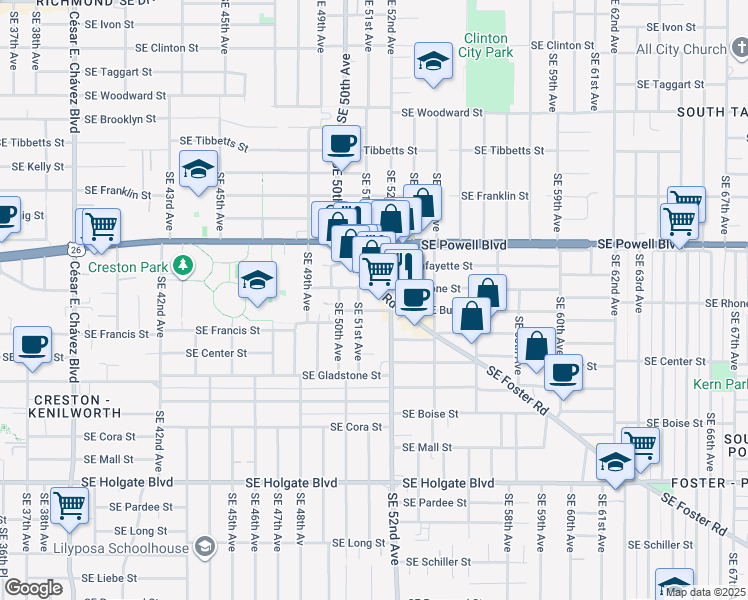 map of restaurants, bars, coffee shops, grocery stores, and more near 5045 Southeast Foster Road in Portland