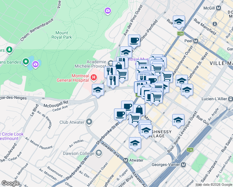 map of restaurants, bars, coffee shops, grocery stores, and more near 1628 Avenue de Seaforth in Montréal