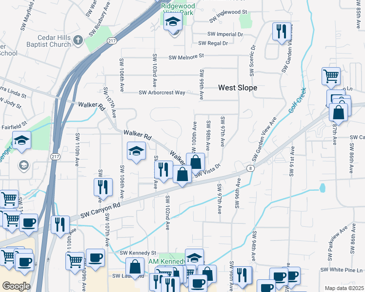 map of restaurants, bars, coffee shops, grocery stores, and more near 3380 Southwest Underwood Drive in Portland