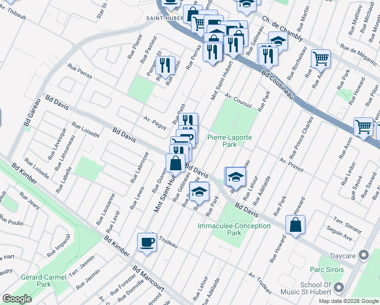map of restaurants, bars, coffee shops, grocery stores, and more near in Longueuil