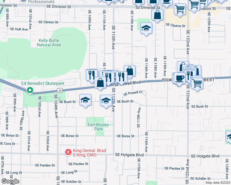 map of restaurants, bars, coffee shops, grocery stores, and more near 3608 Southeast 112th Avenue in Portland