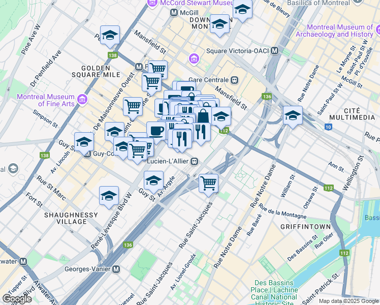 map of restaurants, bars, coffee shops, grocery stores, and more near 1288 Avenue des Canadiens-de-Montréal in Montréal