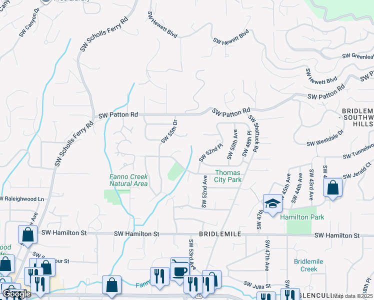 map of restaurants, bars, coffee shops, grocery stores, and more near 3805 Southwest 54th Place in Portland