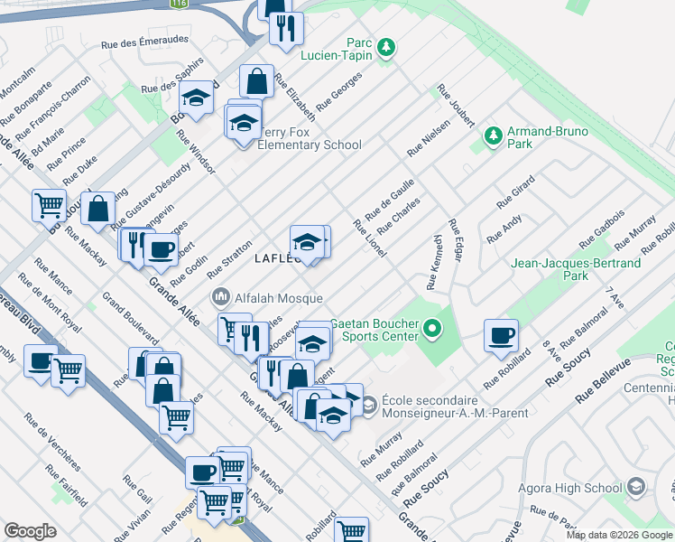 map of restaurants, bars, coffee shops, grocery stores, and more near 1665 Rue Charles in Longueuil