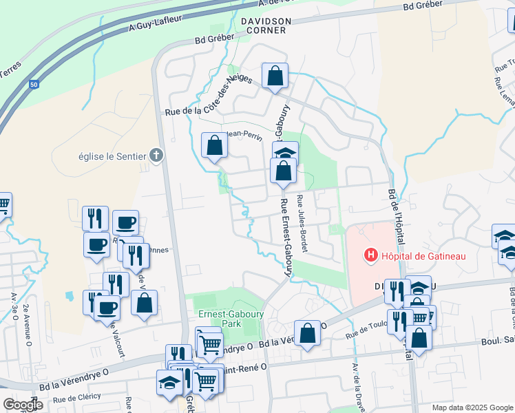 map of restaurants, bars, coffee shops, grocery stores, and more near 52 Rue Jean-Perrin in Gatineau