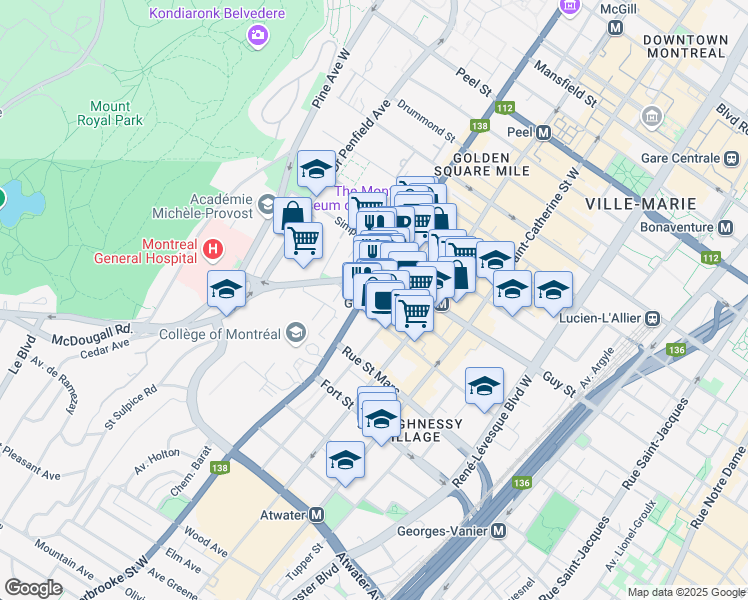 map of restaurants, bars, coffee shops, grocery stores, and more near 1628 Rue Sherbrooke Ouest in Montréal
