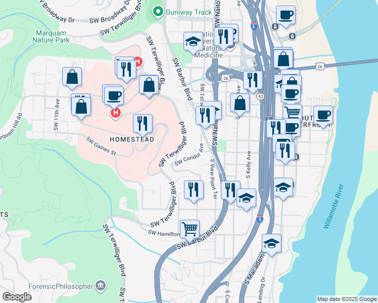 map of restaurants, bars, coffee shops, grocery stores, and more near 3855 Southwest Condor Avenue in Portland