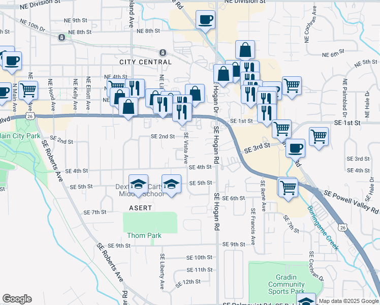 map of restaurants, bars, coffee shops, grocery stores, and more near 250 Southeast Vista Avenue in Gresham