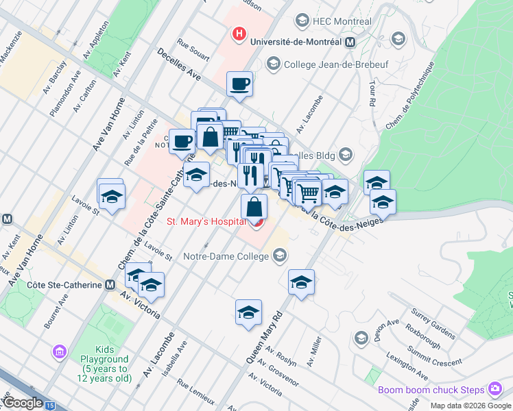 map of restaurants, bars, coffee shops, grocery stores, and more near 3750 Avenue Lacombe in Montréal