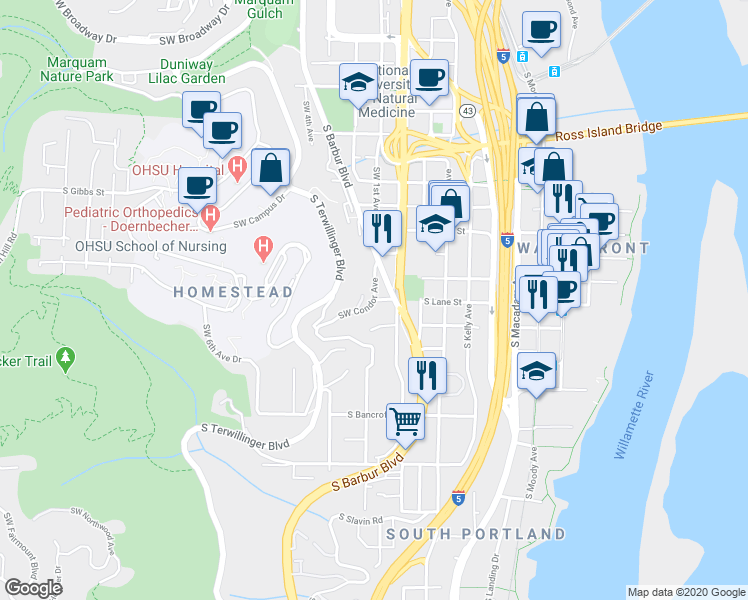 map of restaurants, bars, coffee shops, grocery stores, and more near SW Condor Ave & SW Lane St in Portland