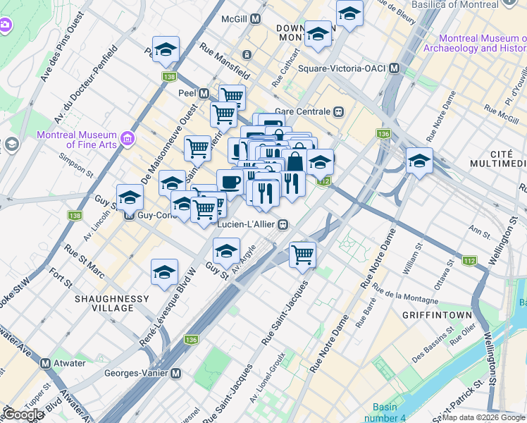 map of restaurants, bars, coffee shops, grocery stores, and more near 1020 Rue de la Montagne in Montréal