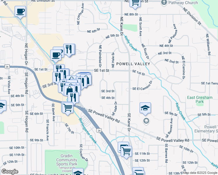 map of restaurants, bars, coffee shops, grocery stores, and more near 3111 Southeast 2nd Street in Gresham