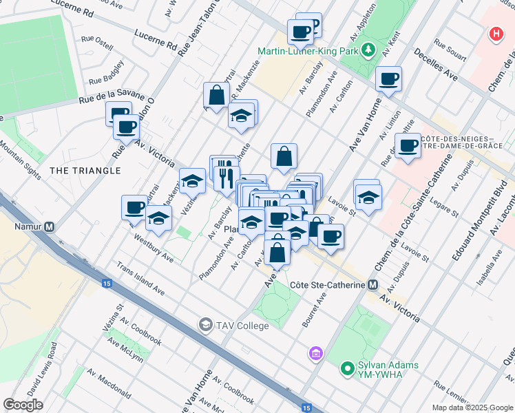 map of restaurants, bars, coffee shops, grocery stores, and more near 4780 Avenue Plamondon in Montréal