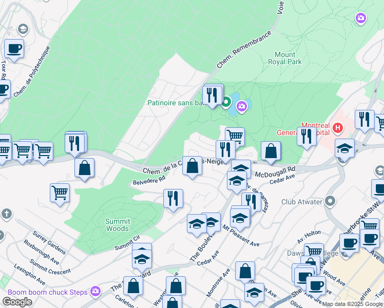 map of restaurants, bars, coffee shops, grocery stores, and more near 4131 Chemin de la Côte-des-Neiges in Montréal