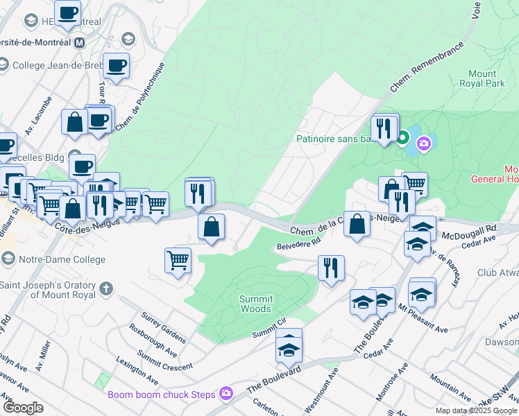 map of restaurants, bars, coffee shops, grocery stores, and more near 4525 Chemin de la Côte-des-Neiges in Montréal