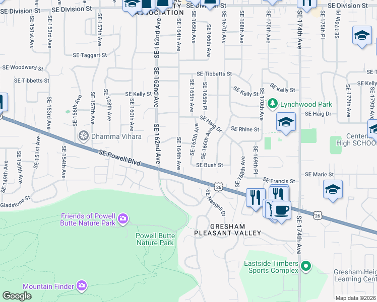 map of restaurants, bars, coffee shops, grocery stores, and more near 3649 Southeast 165th Avenue in Portland