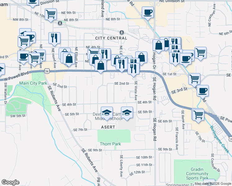 map of restaurants, bars, coffee shops, grocery stores, and more near 280 Southeast Evelyn Avenue in Gresham