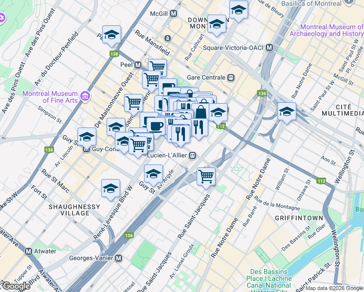 map of restaurants, bars, coffee shops, grocery stores, and more near 1020 Rue de la Montagne in Montréal
