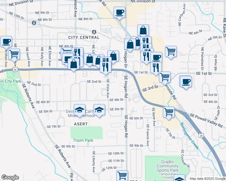map of restaurants, bars, coffee shops, grocery stores, and more near 220 Southeast Vista Avenue in Gresham