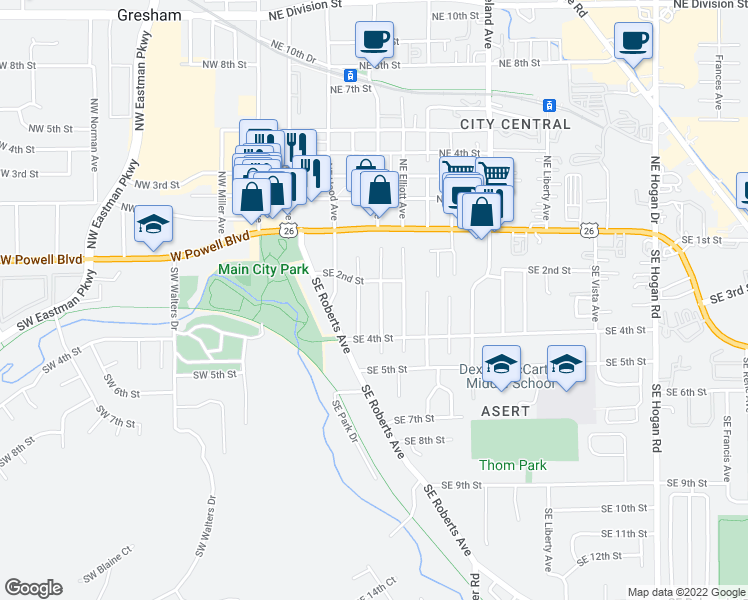 map of restaurants, bars, coffee shops, grocery stores, and more near 164 Southeast Kelly Avenue in Gresham