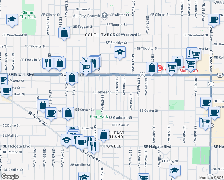 map of restaurants, bars, coffee shops, grocery stores, and more near 3553 Southeast 68th Avenue in Portland