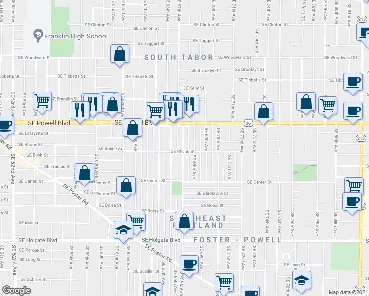 map of restaurants, bars, coffee shops, grocery stores, and more near 3553 Southeast 68th Avenue in Portland