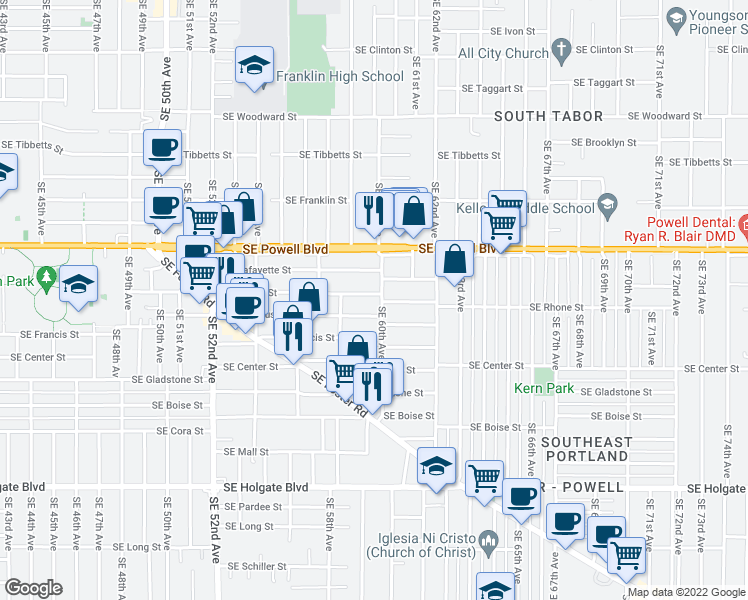 map of restaurants, bars, coffee shops, grocery stores, and more near 5904 Southeast Lafayette Street in Portland