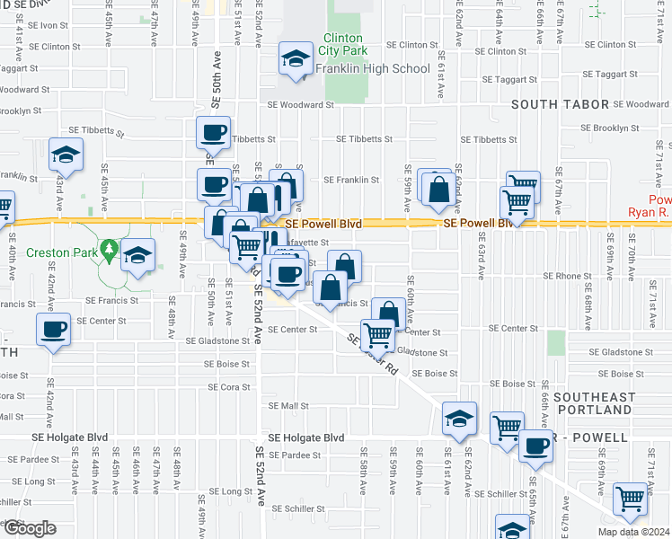 map of restaurants, bars, coffee shops, grocery stores, and more near 5532 Southeast Lafayette Street in Portland
